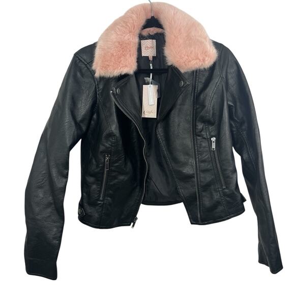 Candies Women's Faux Leather Pink Faux Fur Collar Moto Zip Jacket Small NWT - Picture 2 of 8